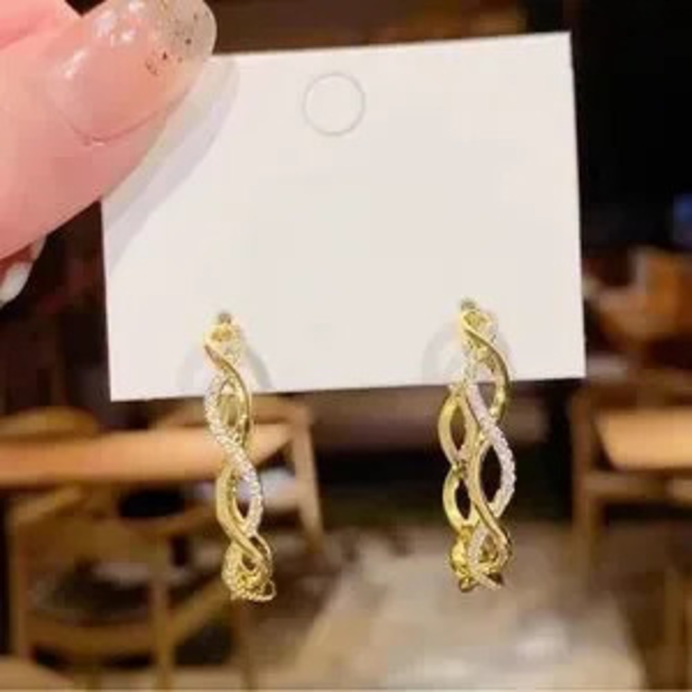 Twisted Gold Rhinestone Hoop Earrings - Picture 2 of 2